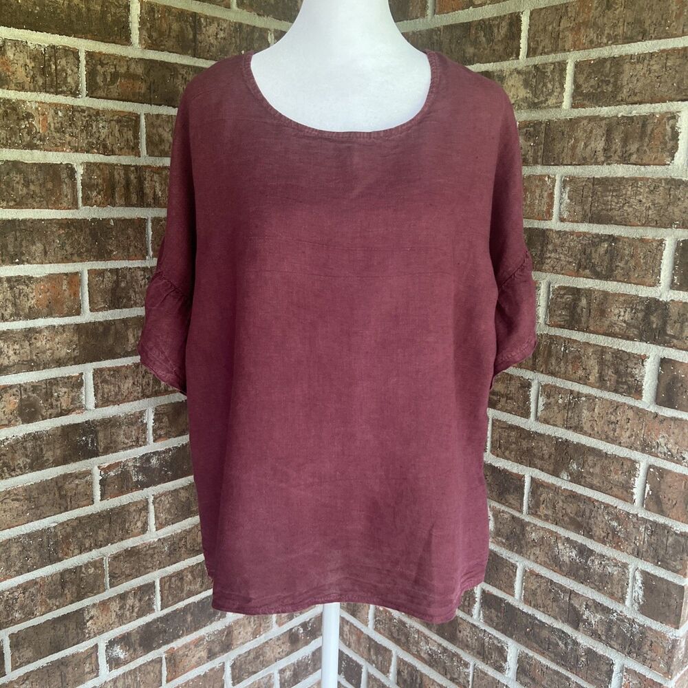 Elena Baldi Burgundy Linen Blouse Top Italy Made Size Large Boxy Relaxed Fit - Picture 2 of 12
